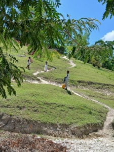 Haitian children fetch water in the hilly countryside.